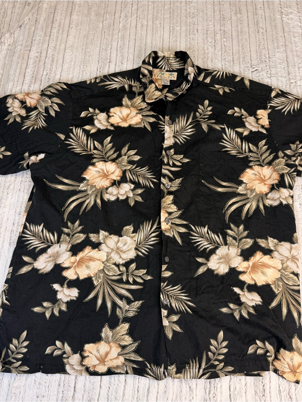 Black Floral Hawaiian Button-Up Shirt - Tropical Beige & Cream Flowers